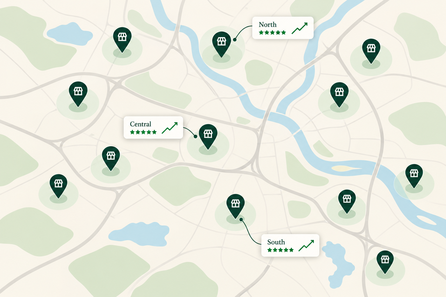 Simplified illustrative territory map with prominent dark green location pins and example profile cards
